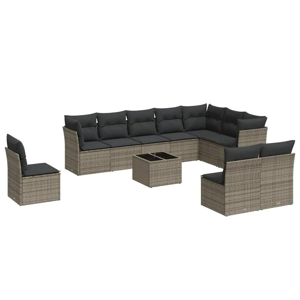 Garden Sofa Set Grey 11 Piece Outdoor Furniture Patio Rattan Seating with Thickly Padded Cushions and Tempered Glass Table Top