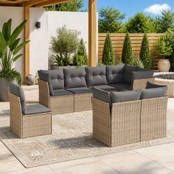 Garden Sofa Set 8 Piece Outdoor Furniture Patio Beige Poly Rattan with Cushions