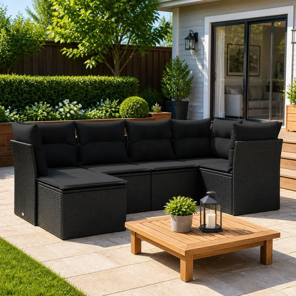 6-Piece Black Garden Sofa Set with Cushions
