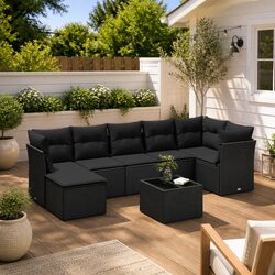 Compact 8-Piece Black Rattan Sofa Set for Outdoors