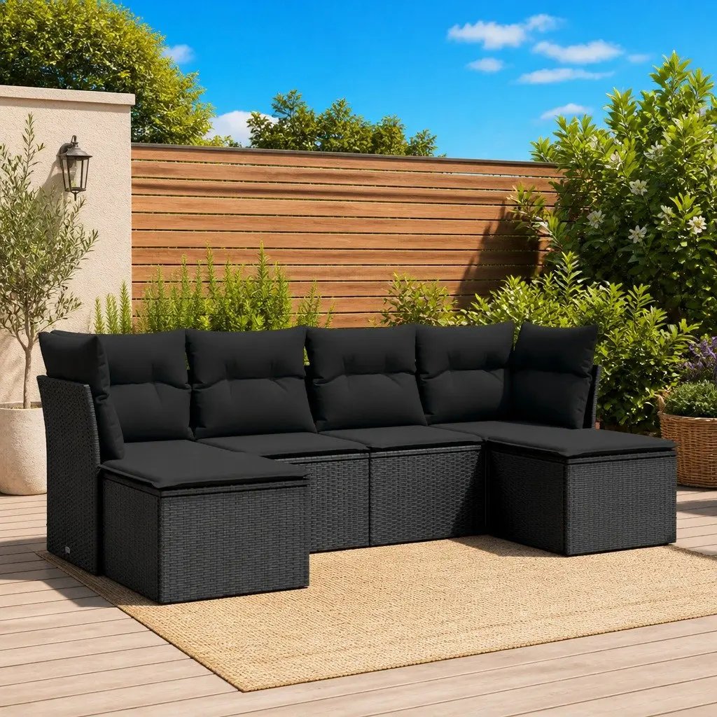 Garden Sofa Set Black 6 Piece Outdoor Furniture Patio Poly Rattan with Cushions