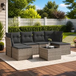 Garden Sofa Set 7 Piece Outdoor Furniture Patio Grey Poly Rattan with Cushions