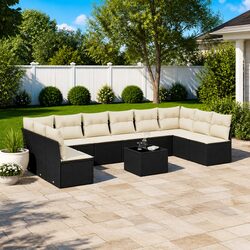 Garden Sofa Set 11 Piece Outdoor Furniture Black Poly Rattan Cushions Patio