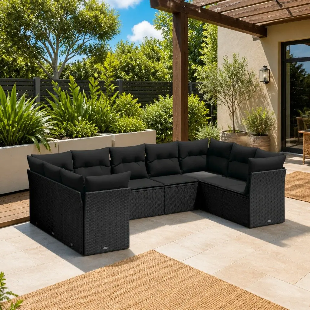 9 Piece Outdoor Sofa Set Black Modular Poly Rattan Garden Furniture