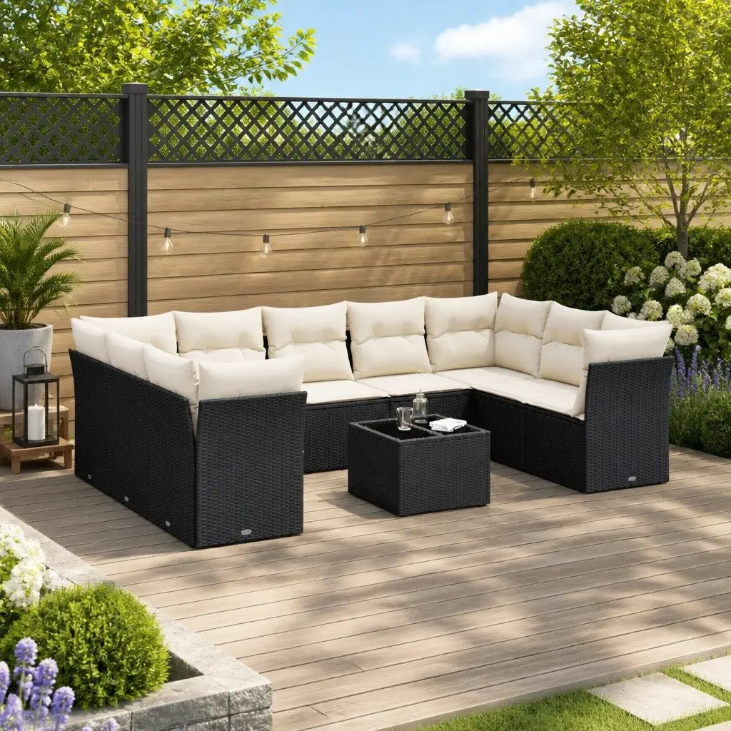 Garden Sofa Set Black 10 Piece Modular Outdoor Furniture with Cushions
