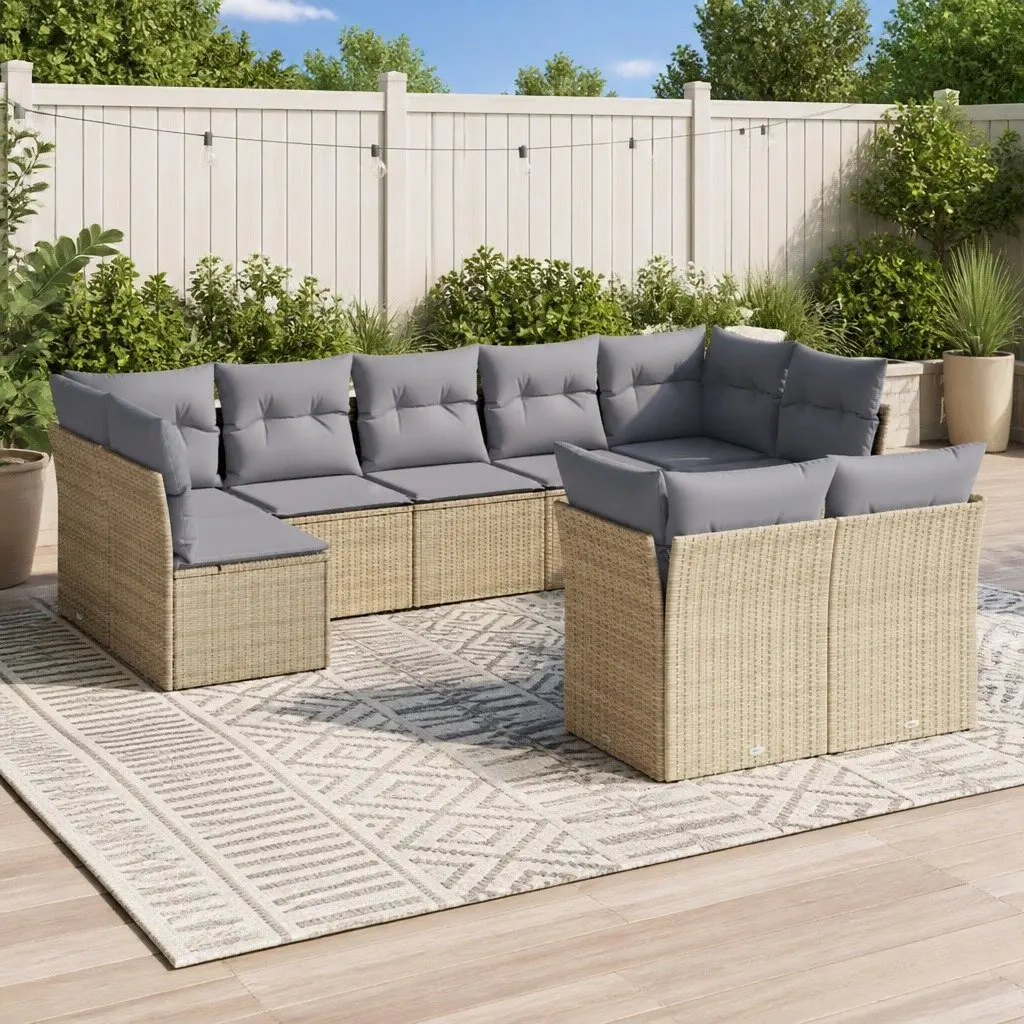 Garden Sofa Set Beige 9 Piece Outdoor Furniture Durable PE Rattan Cushions