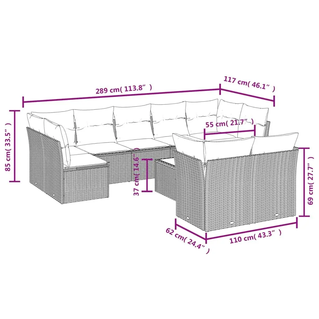 Garden Sofa Set Black 10 Piece Modular Outdoor Furniture PE Rattan with Tempered Glass Table and Padded Cushions