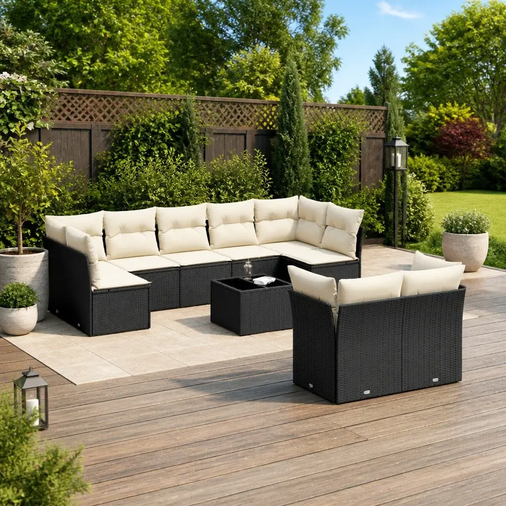 Garden Sofa Set Black 10 Piece Outdoor Furniture Patio Poly Rattan Cushions