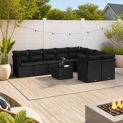 Outdoor Garden Sofa Set 10 Piece Black Poly Rattan with Cushions Patio Furniture