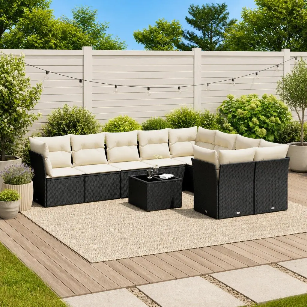 Garden Sofa Set 10 Piece Outdoor Furniture Black Poly Rattan Patio Seating