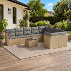 Garden Sofa Set 10 Piece Outdoor Furniture Beige Poly Rattan with Cushions Patio