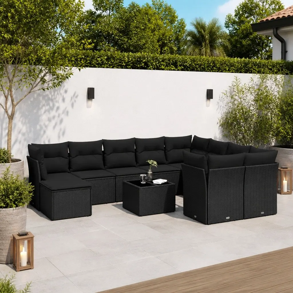 Outdoor Garden Sofa Set 10 Piece Black Poly Rattan Patio Furniture with Cushions