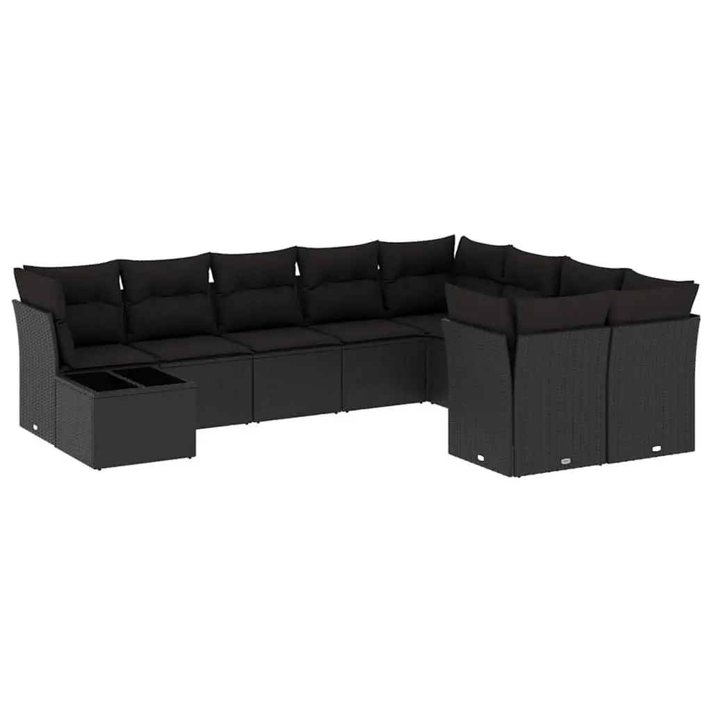 Outdoor Garden Sofa Set 10 Piece Black Poly Rattan Patio Furniture with Cushions