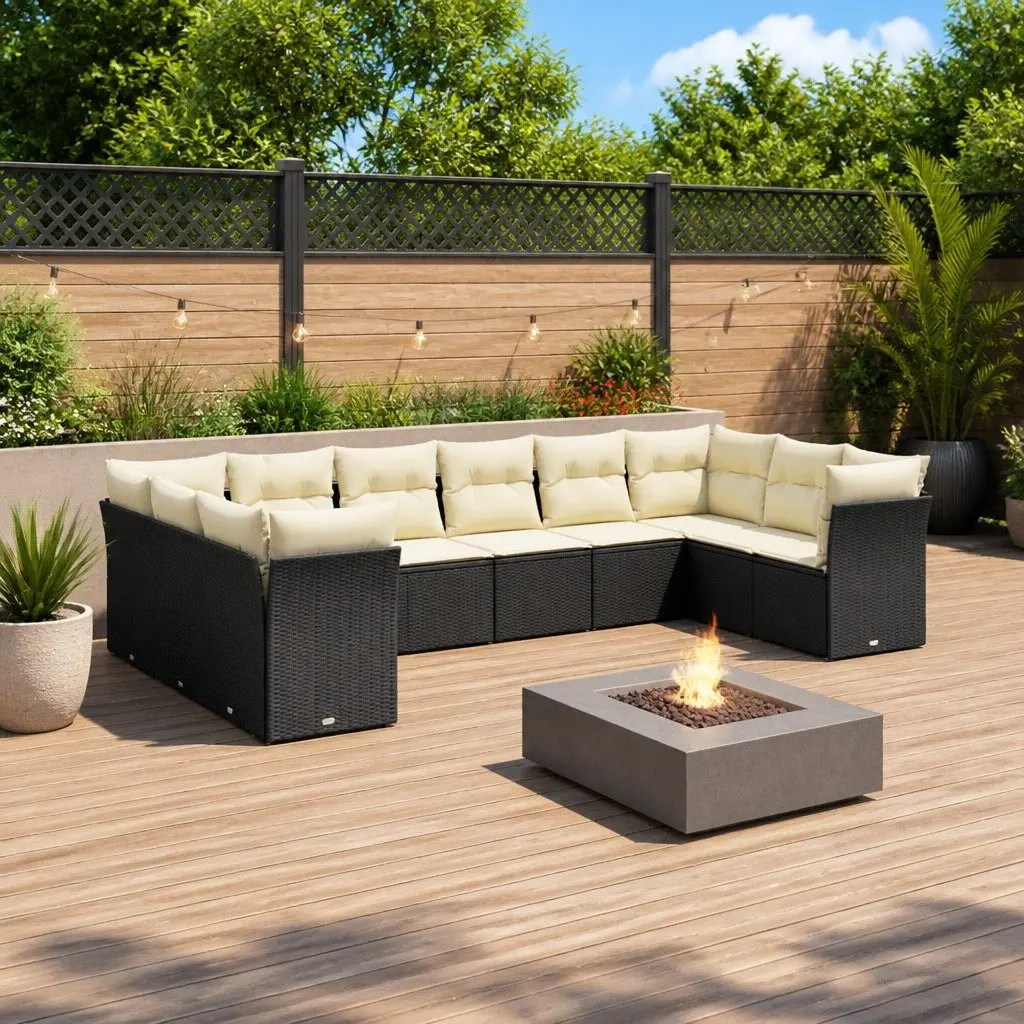 Garden Sofa Set Black 10 Piece Outdoor Furniture Patio Sectional with Cushions
