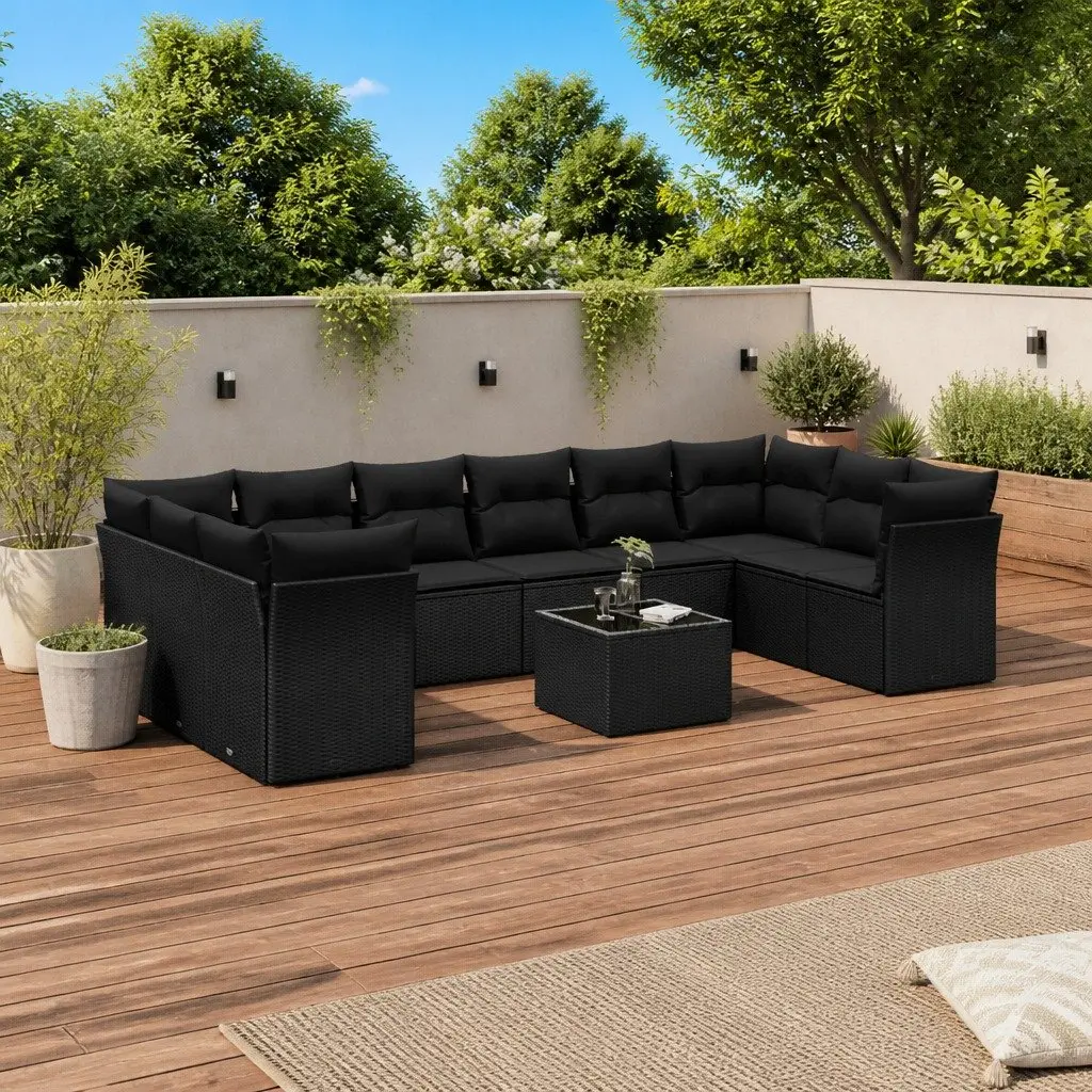 Outdoor Garden Sofa Set 11 Piece Black Poly Rattan Patio Furniture Cushions