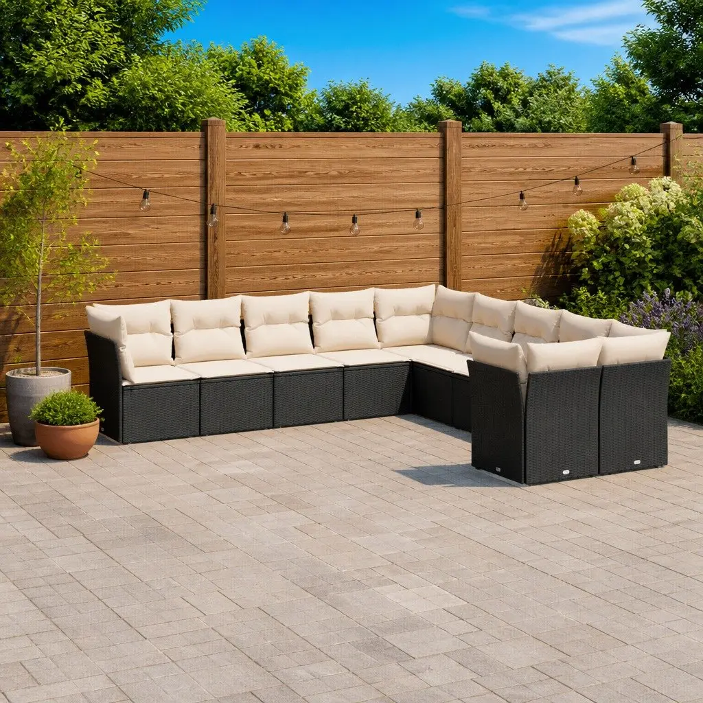 Garden Sofa Set 10 Piece Outdoor Furniture with Cushions Black Poly Rattan