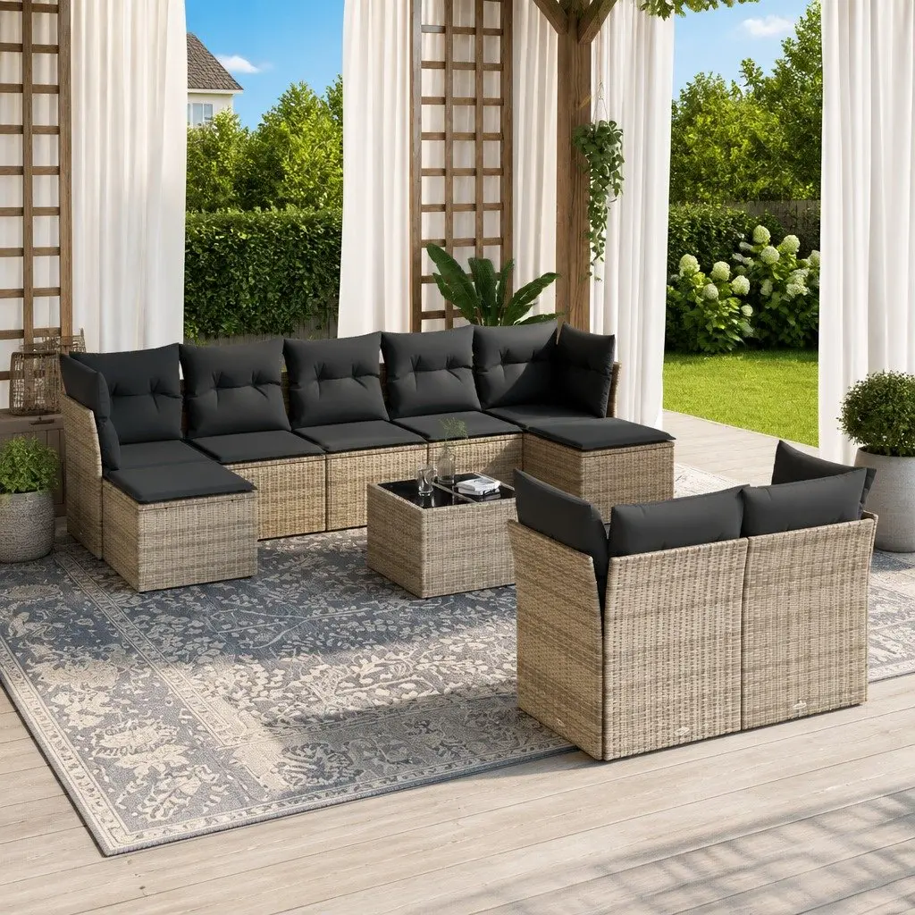 Garden Sofa Set 10 Piece Outdoor Furniture Grey Poly Rattan Patio with Cushions