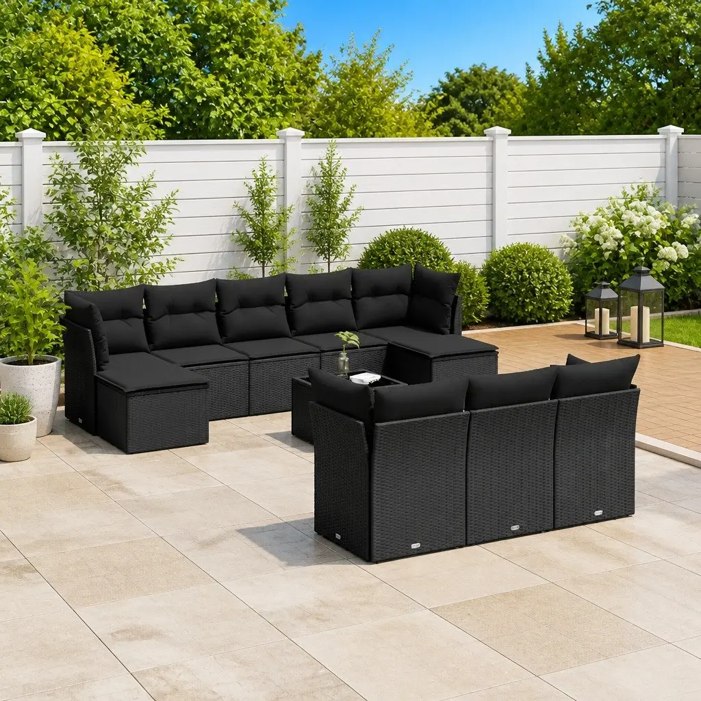 Outdoor Garden Sofa Set 11 Piece Patio Furniture Black Poly Rattan with Cushions