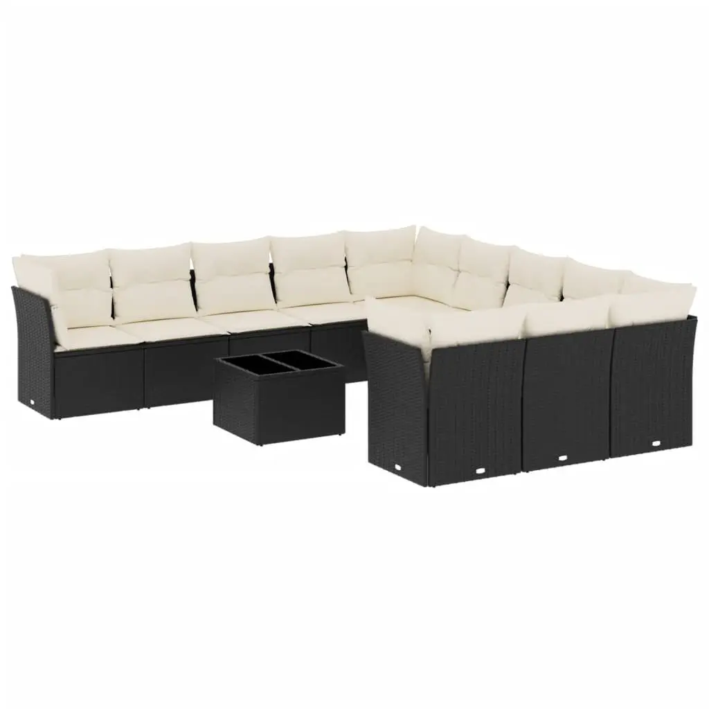 Garden Sofa Set Black 12 Piece Modular Outdoor Furniture Durable PE Rattan with Thick Cushions and Tempered Glass Tabletop