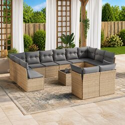 Garden Sofa Set 13 Piece Outdoor Patio Furniture Beige Poly Rattan Cushions