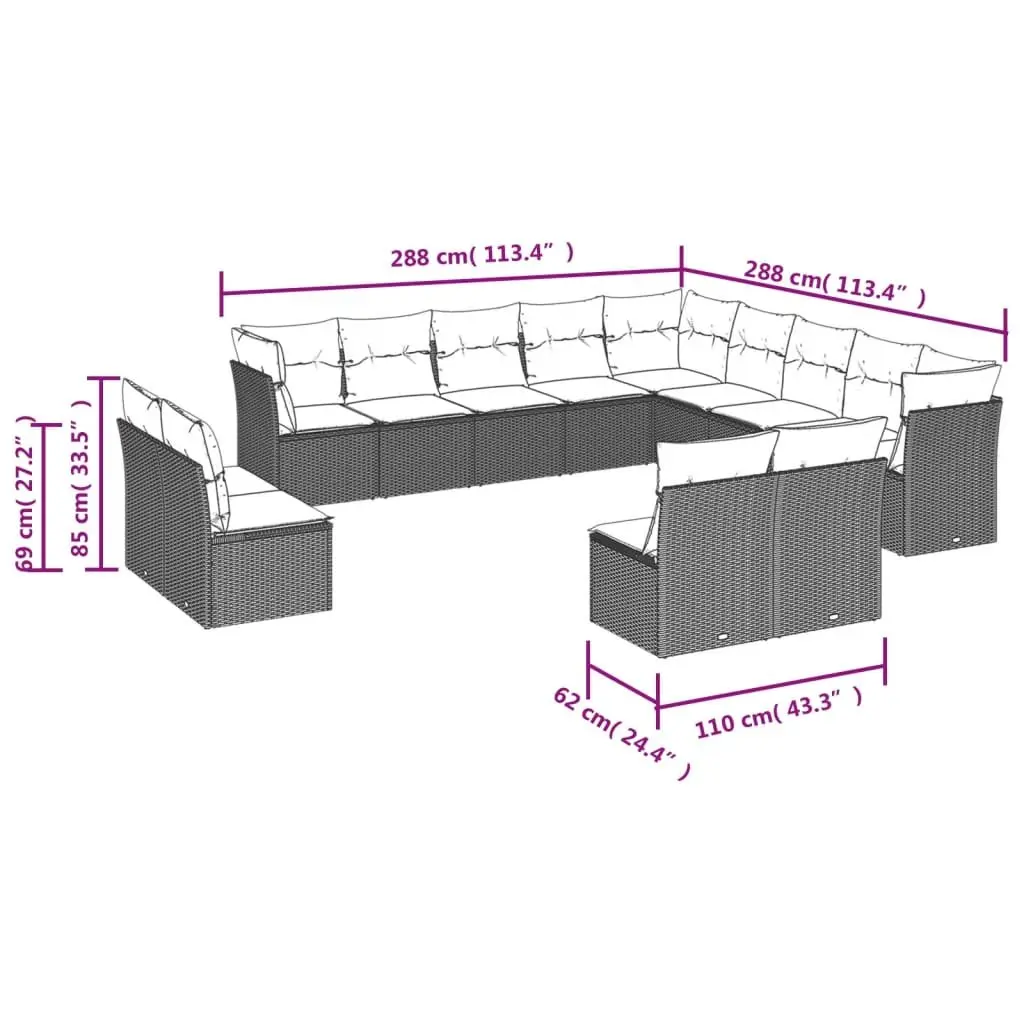 13 Piece Garden Sofa Set Beige Modular Sectional Outdoor Lounge Furniture with Cushions