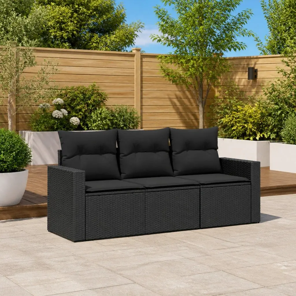 3 Piece Outdoor Garden Sofa Set with Cushions Black Poly Rattan Patio Furniture