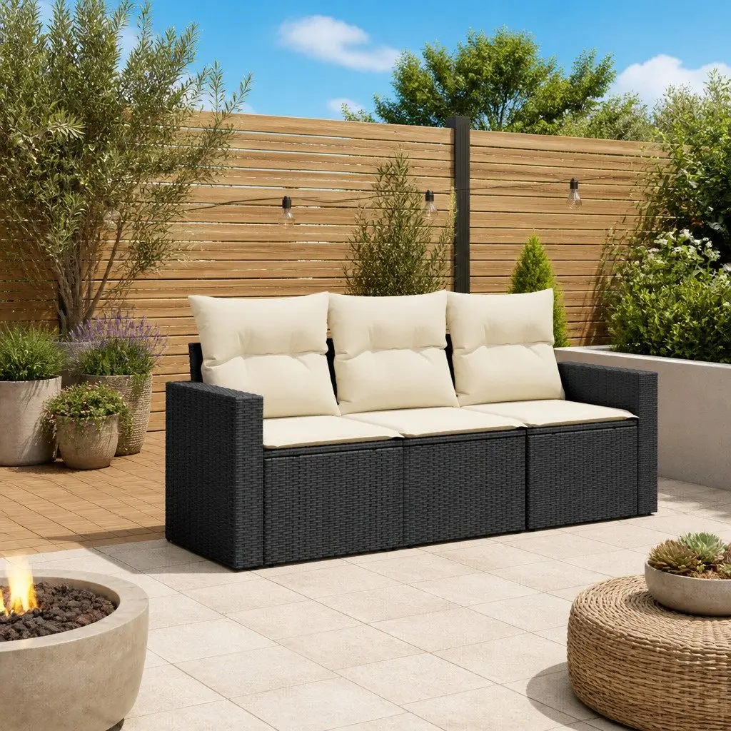 Garden Sofa Set Black 3 Piece Outdoor Furniture Poly Rattan with Cushions