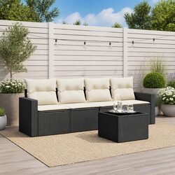 5 Piece Outdoor Garden Sofa Set Black Poly Rattan Patio Furniture with Cushions