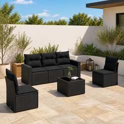 6 Piece Garden Sofa Set Black Poly Rattan Outdoor Furniture Patio Seating