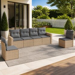 Garden Sofa Set 6 Piece Outdoor Furniture Beige Poly Rattan Cushioned Seating