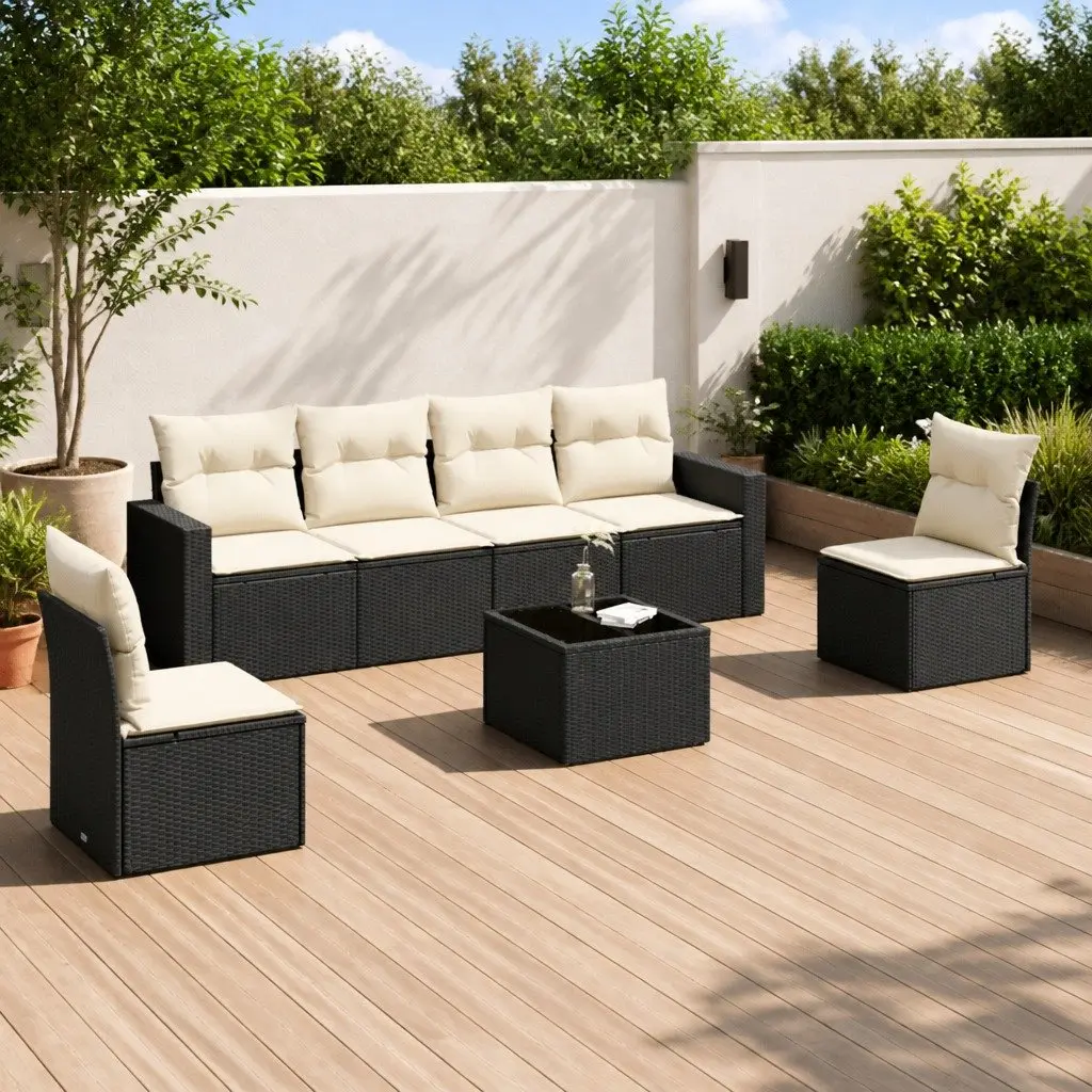 7 Piece Garden Sofa Set Black PE Rattan Outdoor Patio Furniture Cushions Table