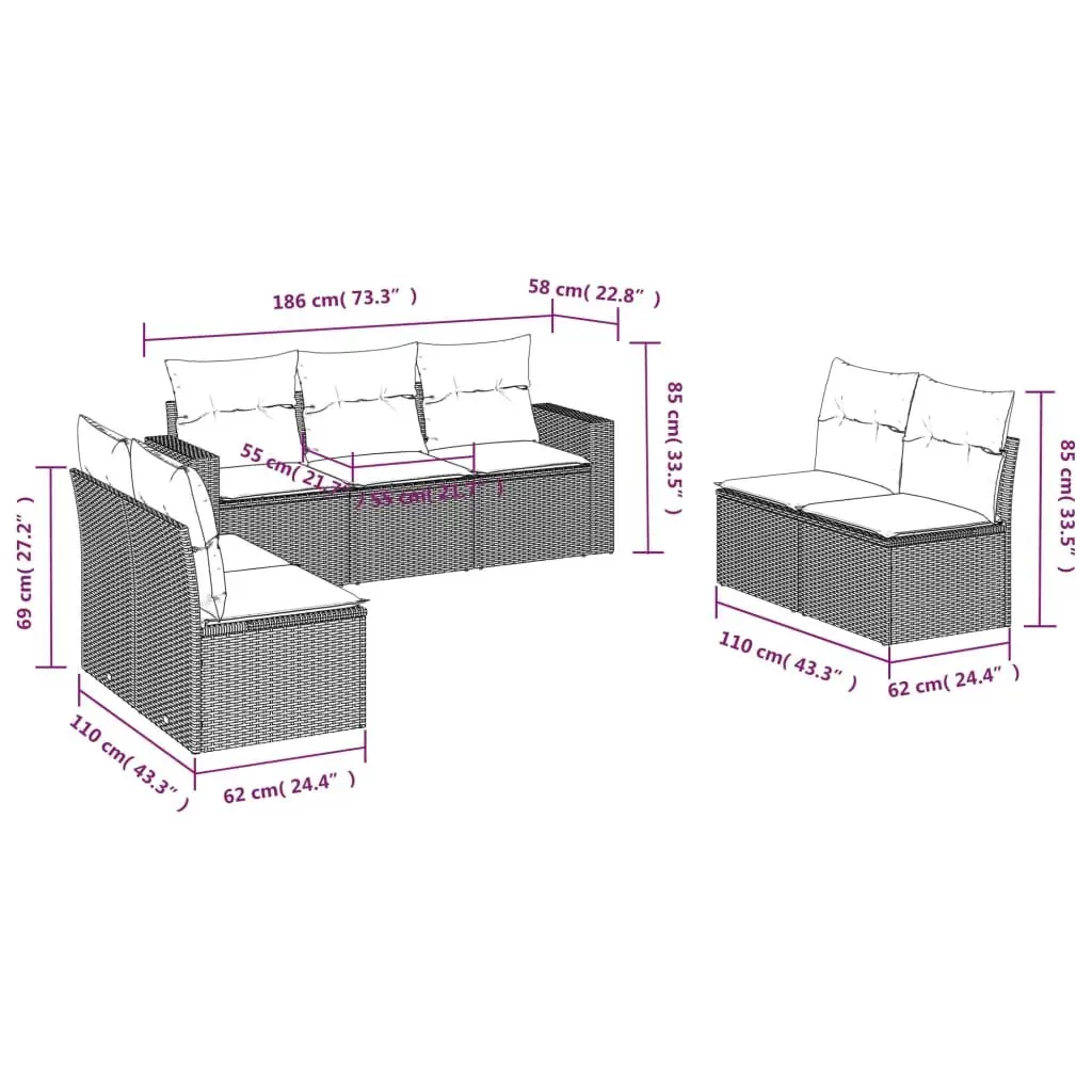 Garden Sofa Set 7 Piece Outdoor Furniture Black Poly Rattan with Cushions
