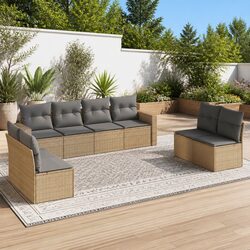 9 Piece Outdoor Garden Sofa Set Beige Poly Rattan Patio Furniture with Cushions