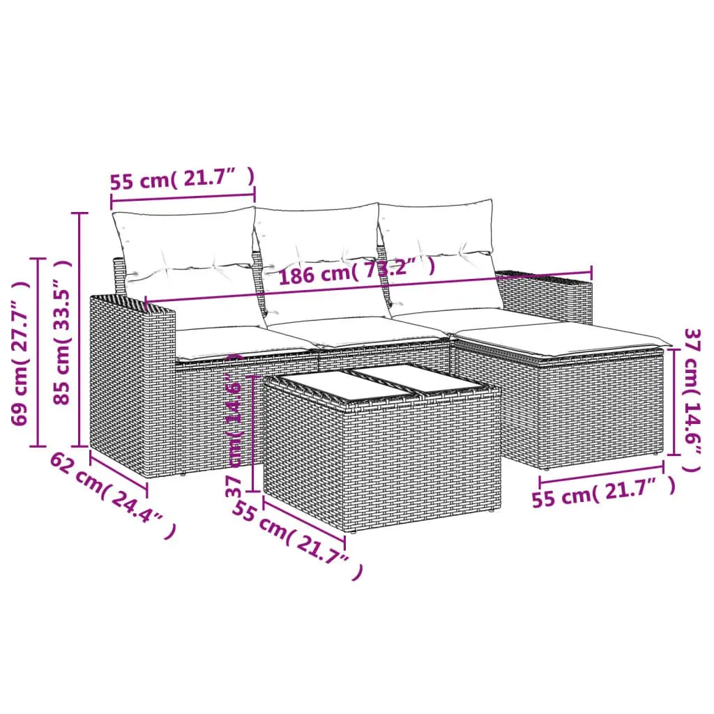 5-Piece Outdoor Sofa Set in Durable Black Rattan