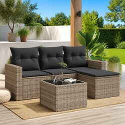 5 Piece Outdoor Garden Sofa Set Grey Poly Rattan Patio Furniture with Cushions