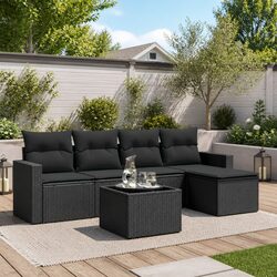 Garden Sofa Set 6 Piece Outdoor Furniture Black Poly Rattan with Cushions Patio