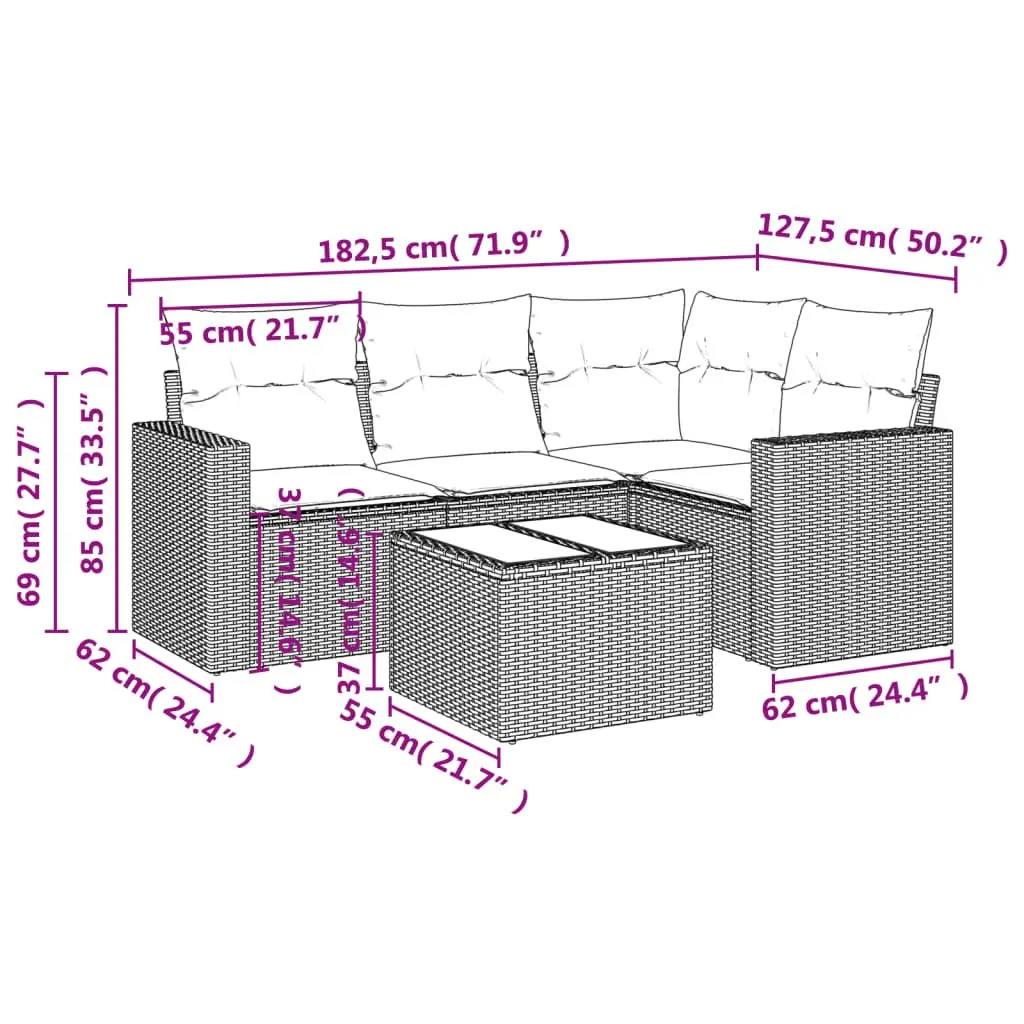 Garden Sofa Set Black 5 Piece Outdoor Furniture Rattan Sectional with Cushions