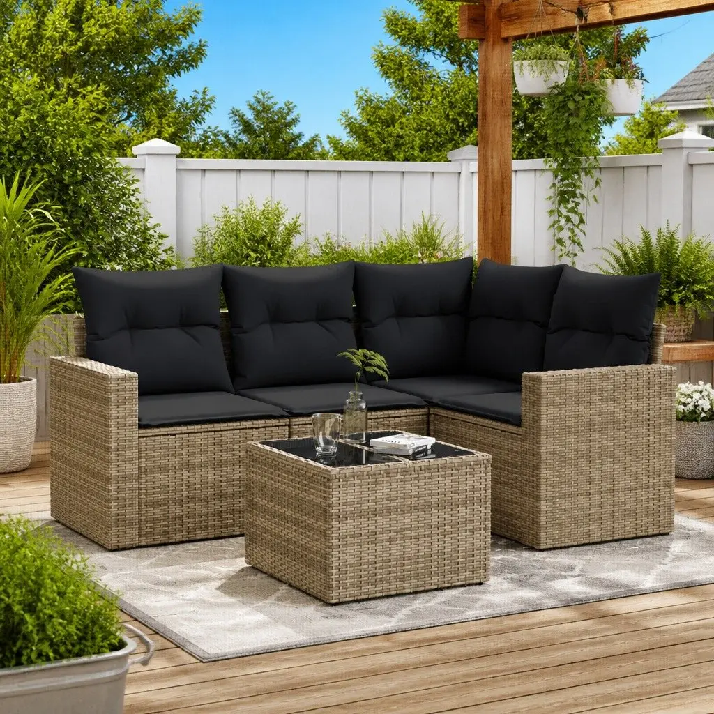 Garden Sofa Set Grey 5 Piece Modular Outdoor Furniture PE Rattan with Cushions and Tempered Glass Table
