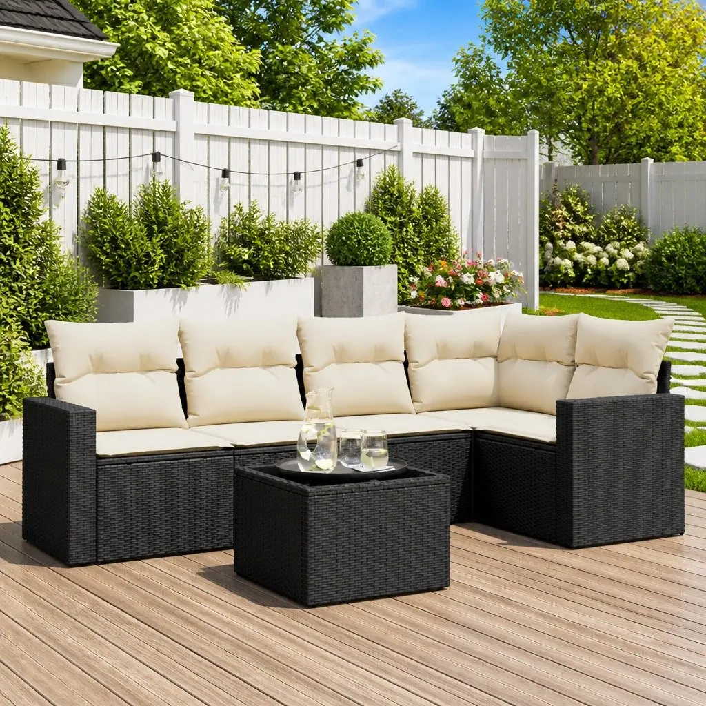 Garden Sofa Set Black 6 Piece Outdoor Furniture Patio Poly Rattan with Cushions