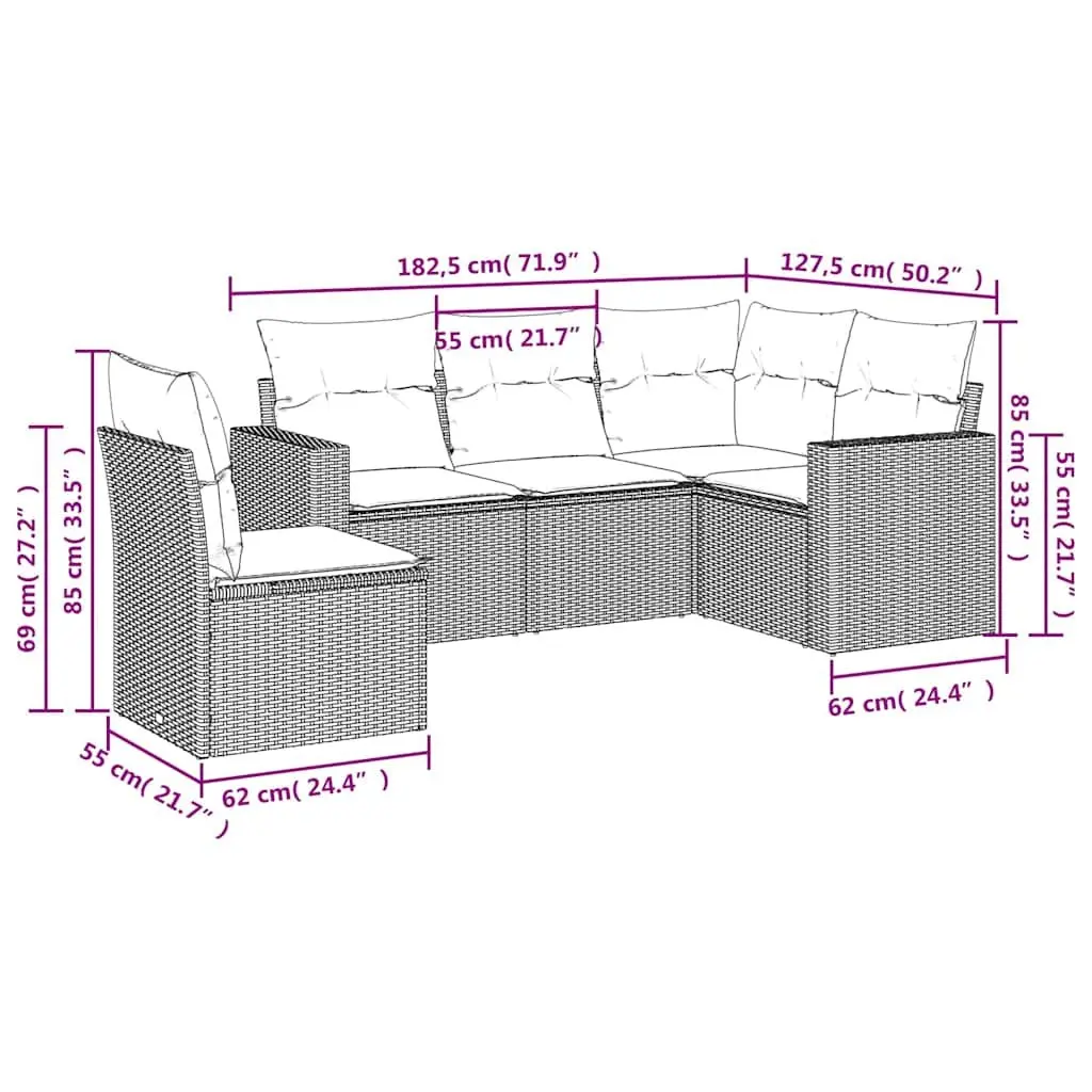 Garden Sofa Set Black 5 Piece Outdoor Furniture Patio Sectional with Cushions