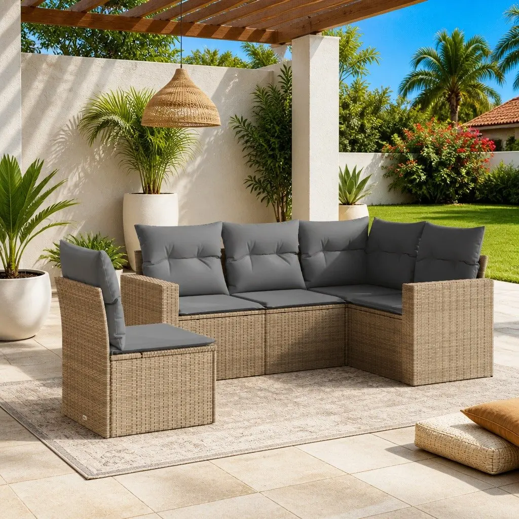 Garden Sofa Set 5 Piece Outdoor Furniture Beige Poly Rattan with Cushions Patio