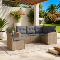 Garden Sofa Set 5 Piece Outdoor Furniture Beige Poly Rattan with Cushions Patio