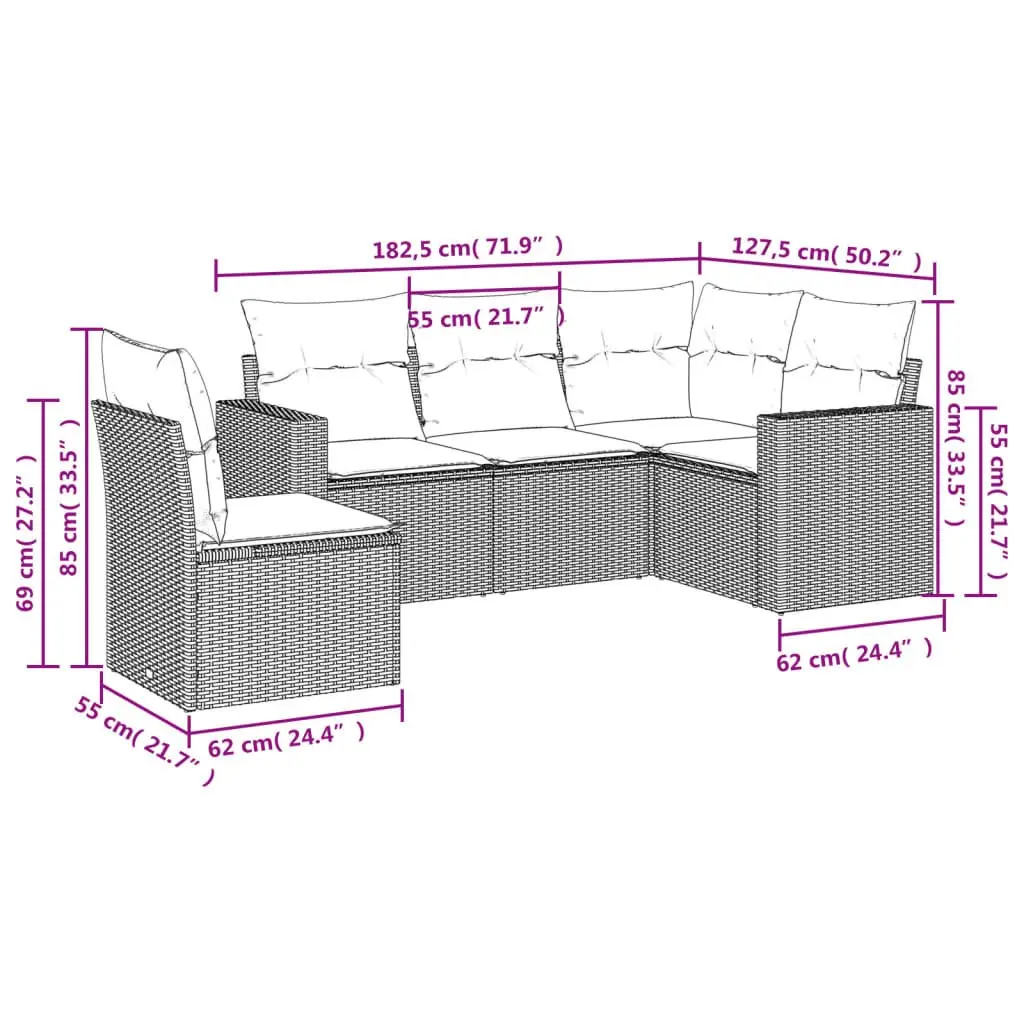 Garden Sofa Set Grey 5 Piece Modular Outdoor Furniture with Cushions