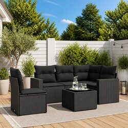Garden Sofa Set 6 Piece Black Poly Rattan Outdoor Furniture with Cushions