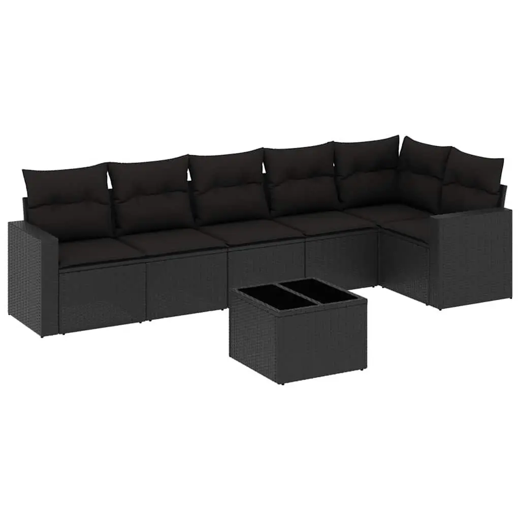 7 Piece Garden Sofa Set Black PE Rattan with Cushions Tempered Glass Table