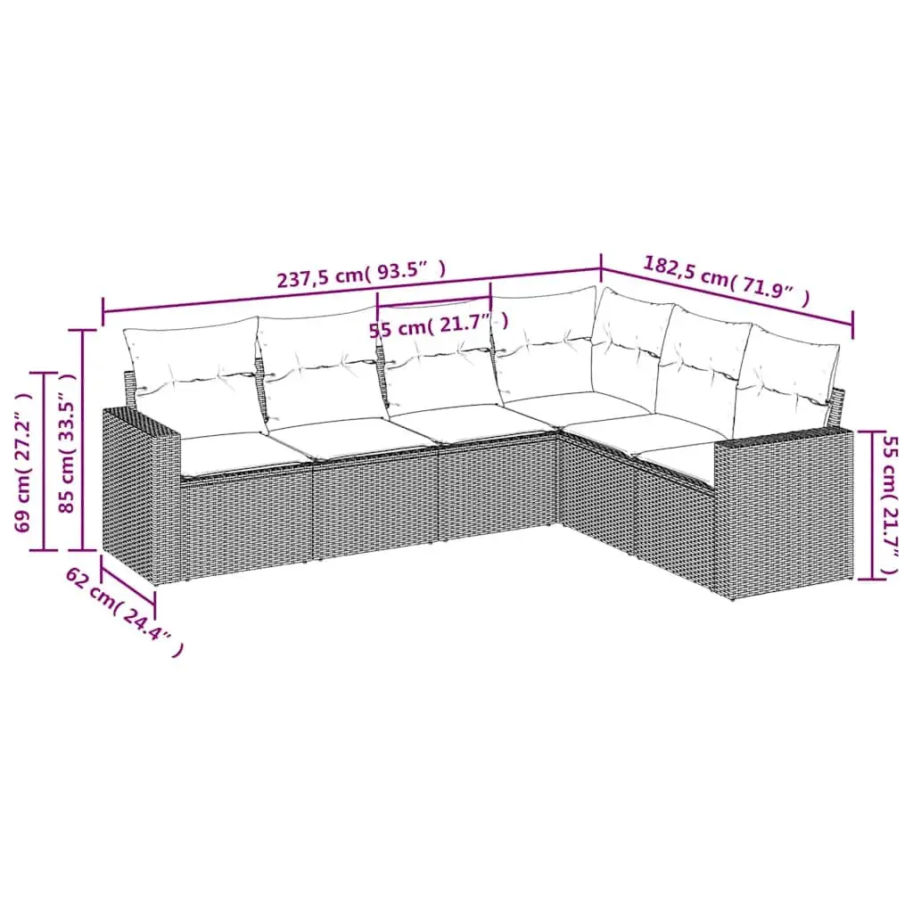 6 Piece Garden Sofa Set Black Poly Rattan Outdoor Furniture with Cushions Patio