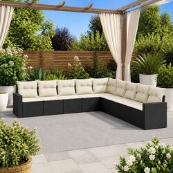 9 Piece Garden Sofa Set Outdoor Furniture Patio Black Poly Rattan with Cushions