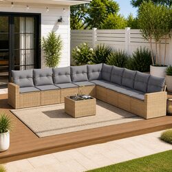 Garden Sofa Set 10 Piece Outdoor Furniture Beige Modular Patio Cushions Glass