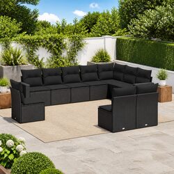 10 Piece Garden Sofa Set Black Poly Rattan Outdoor Furniture with Cushions