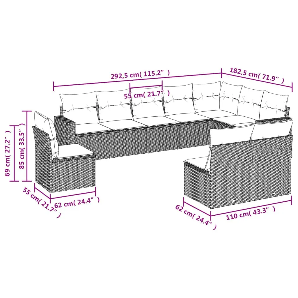 10 Piece Outdoor Garden Sofa Set with Cushions Black Poly Rattan Patio Furniture
